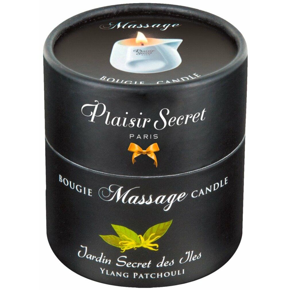 Zylindrische Verpackung. Aufschrift "Plaisir Secret PARIS" und "Bougie Massage Candle".