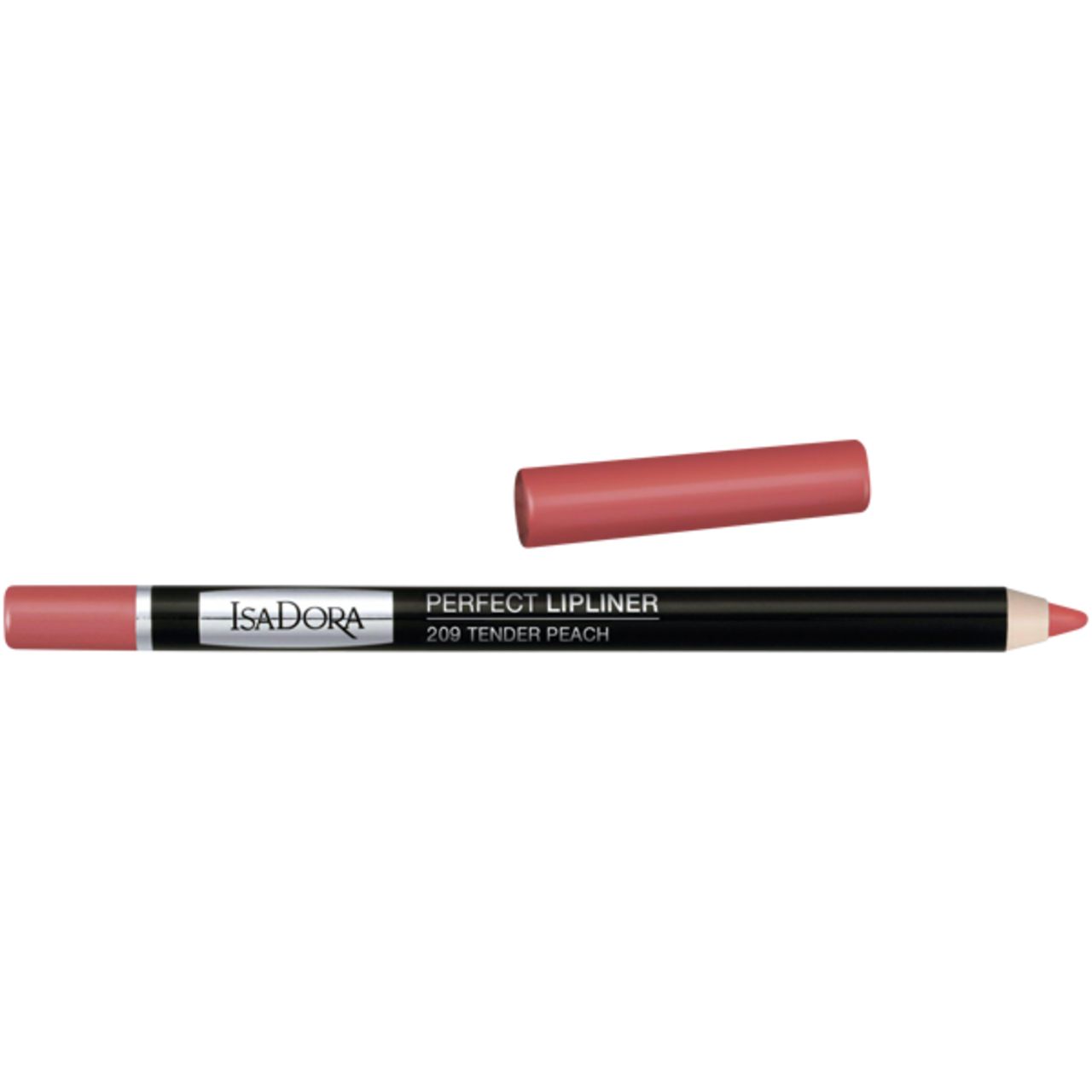 Lippenstift, schwarz, mit rosafarbenem Stift und Kappe. Aufschrift: IsaDora, Perfect Lipliner, 209 Tender Peach.