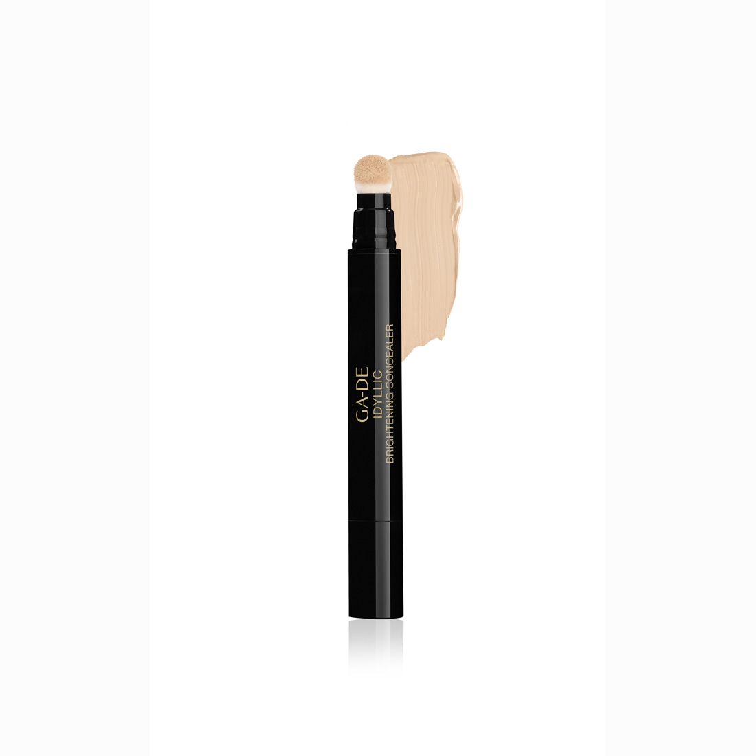Schwarzer Stift mit hellem Applikator und Farbabstrich. Aufschrift: GA-DE IDYLLIC Brightening Concealer.
