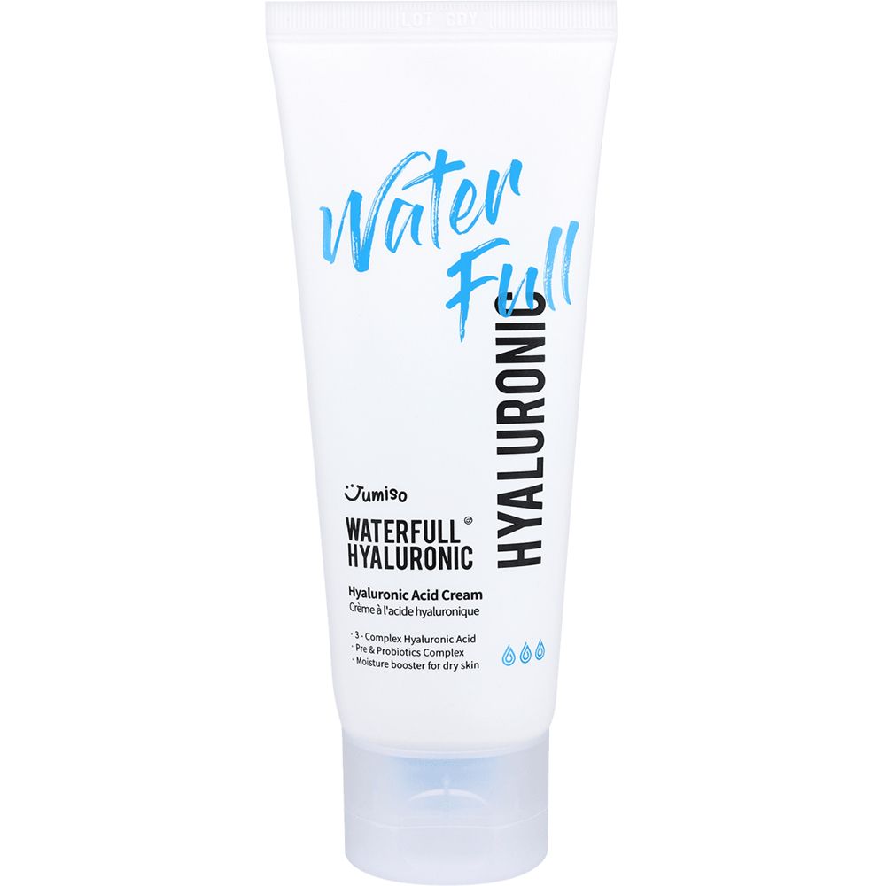 Weiße Tube mit blauem Aufdruck. Text: Water Full Hyaluronic. Produktname und Inhaltsstoffe. Nahaufnahme.