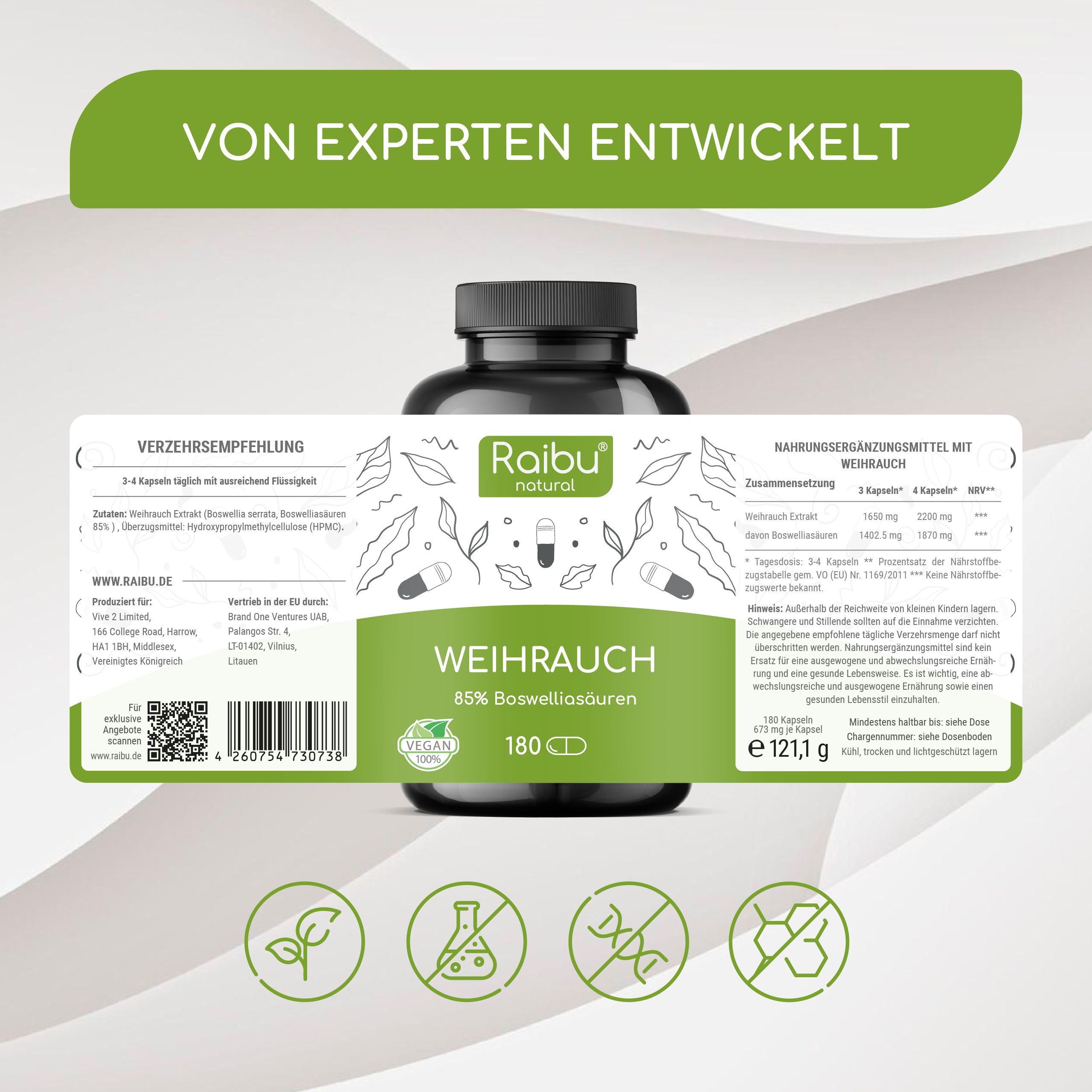 Produktetikett mit Informationen. Aufschrift: Raibu natural, Weihrauch, 85% Boswelliasäuren, 180 Kapseln. Mit QR-Code und Vegan-Siegel.