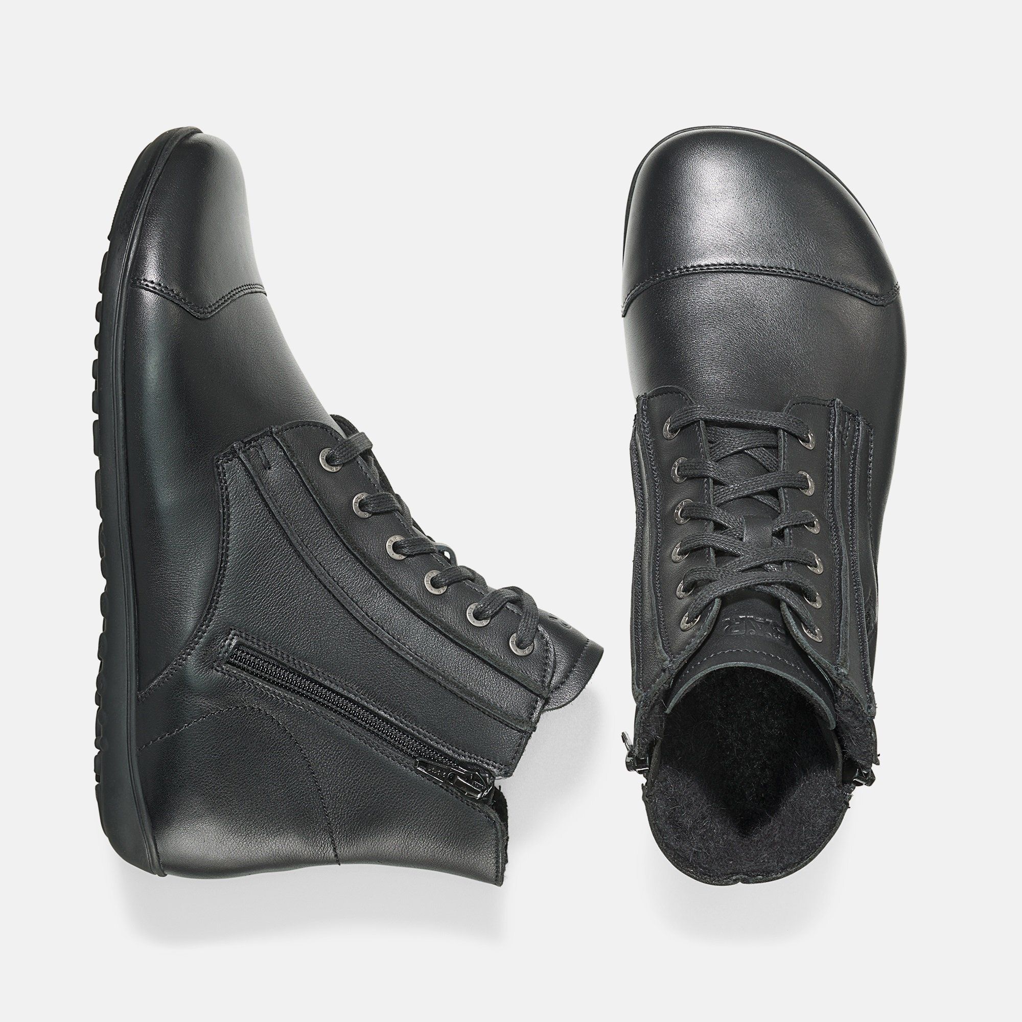 Schwarze Leder-Stiefeletten für Herren, Draufsicht mit Schnürung und Reißverschluss.
