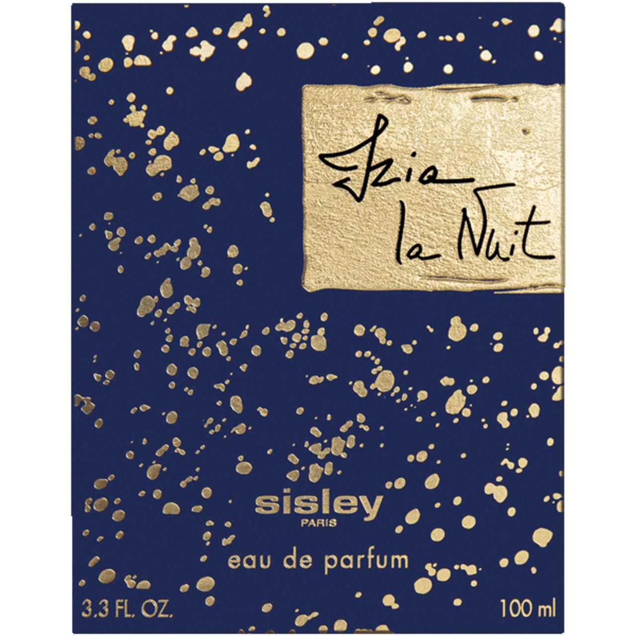 Dunkelblaue Schachtel mit goldenem Schriftzug Izia la Nuit und Sisley. 3.3 FL. OZ. 100 ml.