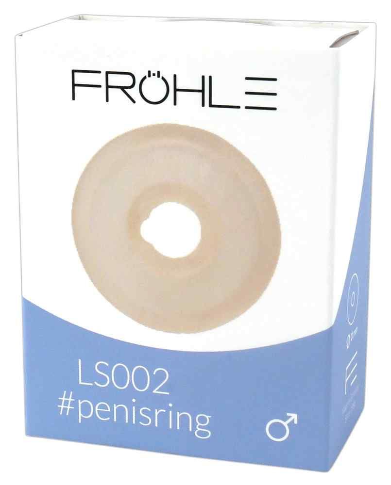 Ringförmiges Produkt in Verpackung. Marke Fröhle, Modell LS002, #penisring. Hellbeige, mit zentraler Öffnung. Männliches Symbol.