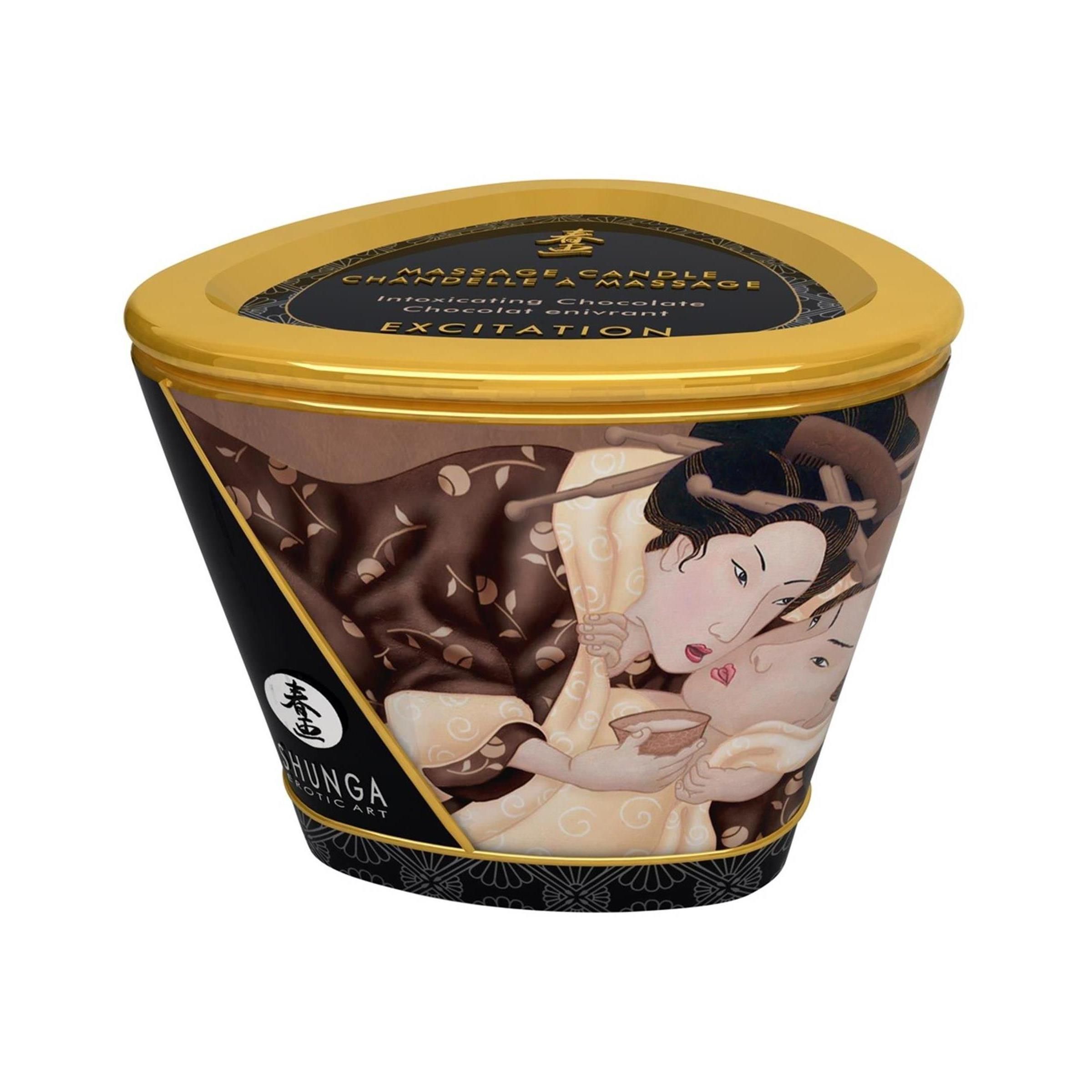 Behälter mit Deckel. Aufschrift: Massage Candle. Erotisches Kunstmotiv. Marke Shunga. Goldener Rand.