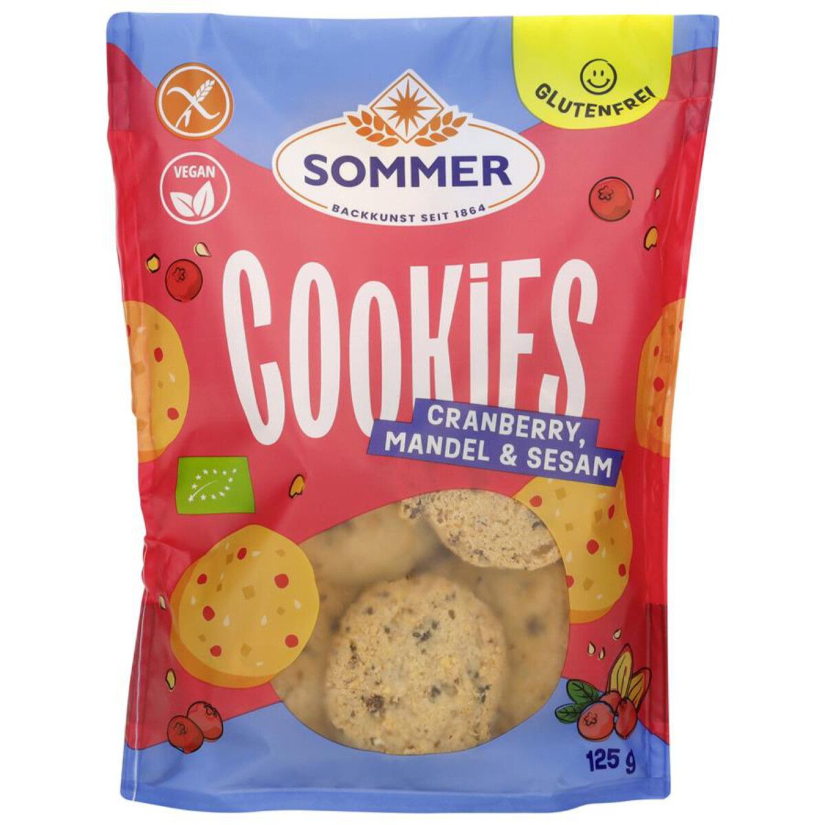 Verpackung mit Keksen. Aufschrift: Sommer Cookies Cranberry, Mandel & Sesam glutenfrei. Vegan und Bio-Siegel.