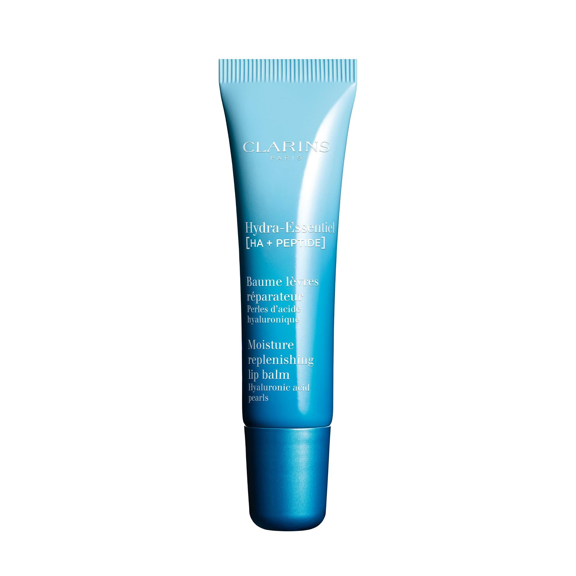 Blau-weiße Tube Clarins Hydra-Essentiel Lippenbalsam. Text: Moisture replenishing lip balm, Hyaluronsäure-Perlen.