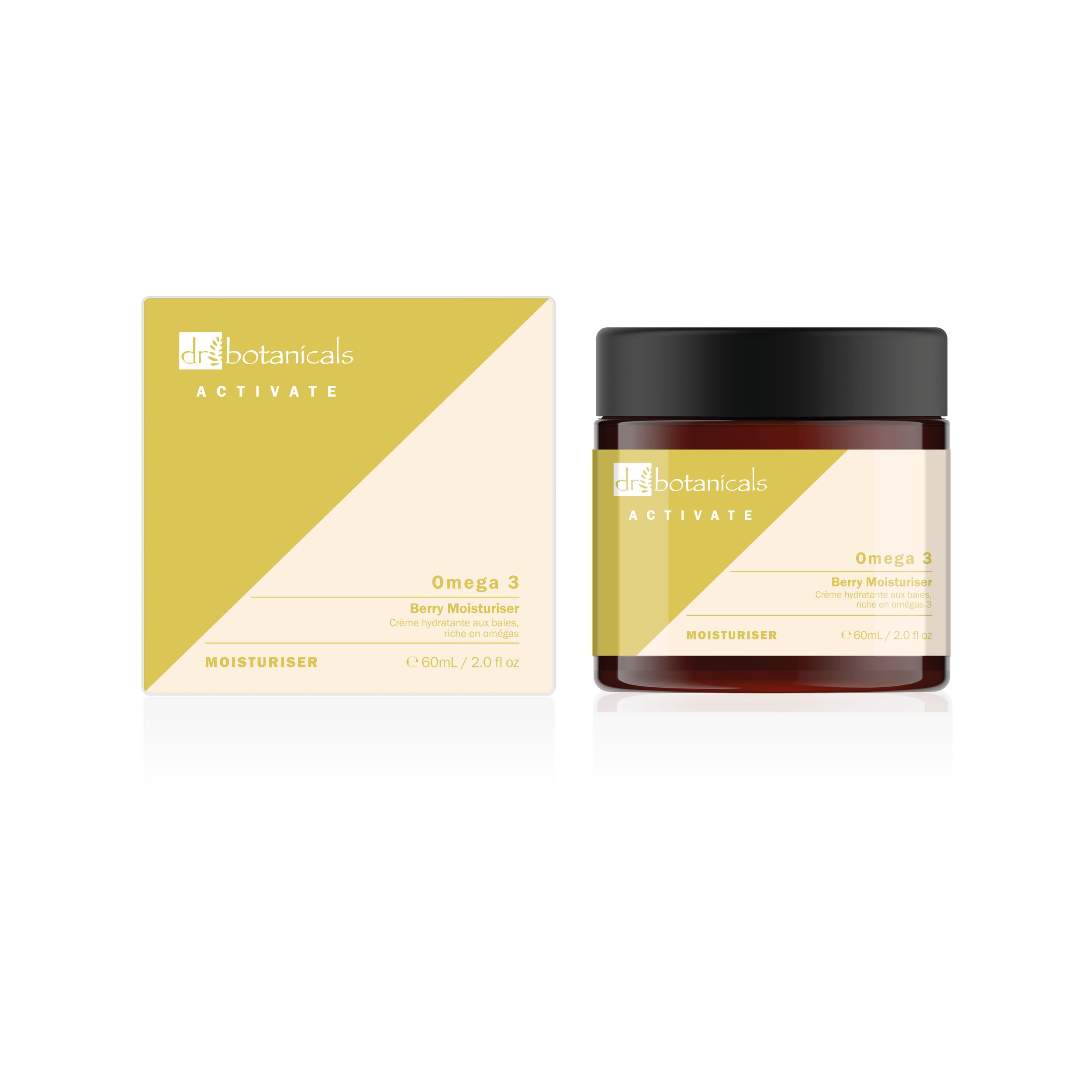 Creme-Dose und Schachtel. Dose: "Dr Botanicals ACTIVATE Omega 3 Berry Moisturiser". Schachtel: gelb-weißes Design.