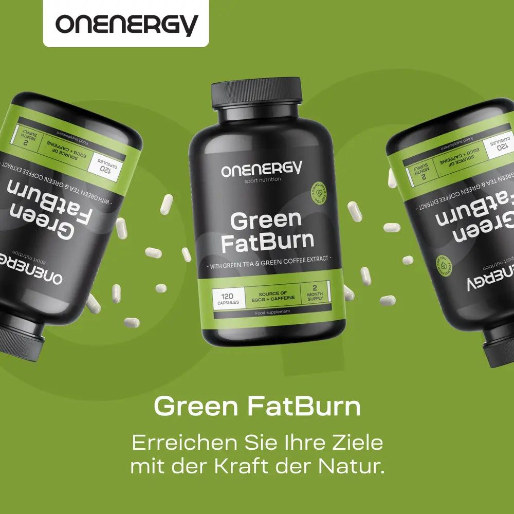 Drei Flaschen "OnEnergy Green FatBurn" mit Kapseln. Text: Erreichen Sie Ihre Ziele mit der Kraft der Natur.