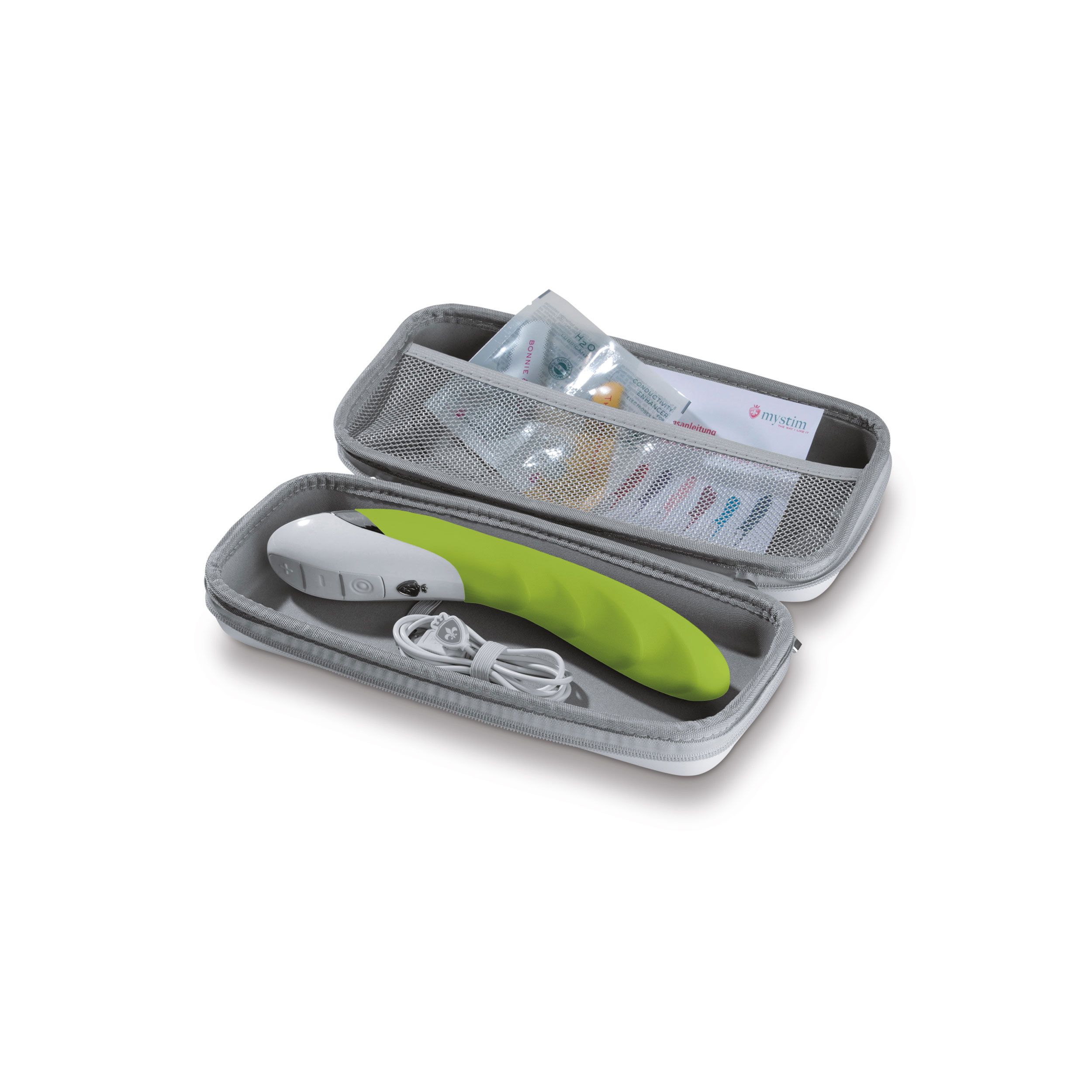 Grüner Vibrator in einer grauen Tasche. Zubehör sichtbar.