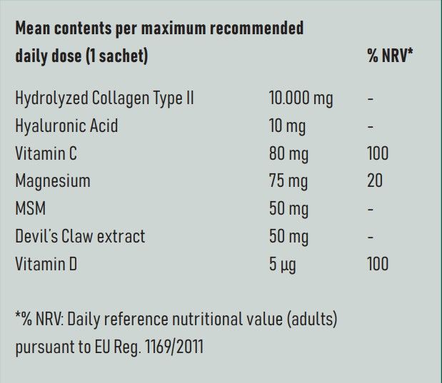 Nährwerttabelle mit Inhaltsstoffen pro Tagesdosis. Enthält: Hydrolysiertes Kollagen Typ II, Hyaluronsäure, Vitamin C, Magnesium, MSM, Teufelskralle, Vitamin D.