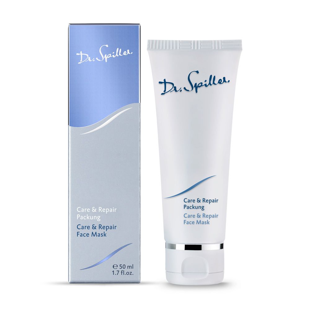Dr. Spiller Care & Repair Packung. Weiße Tube und Schachtel mit blauer Schrift. Enthält "Care & Repair Face Mask".