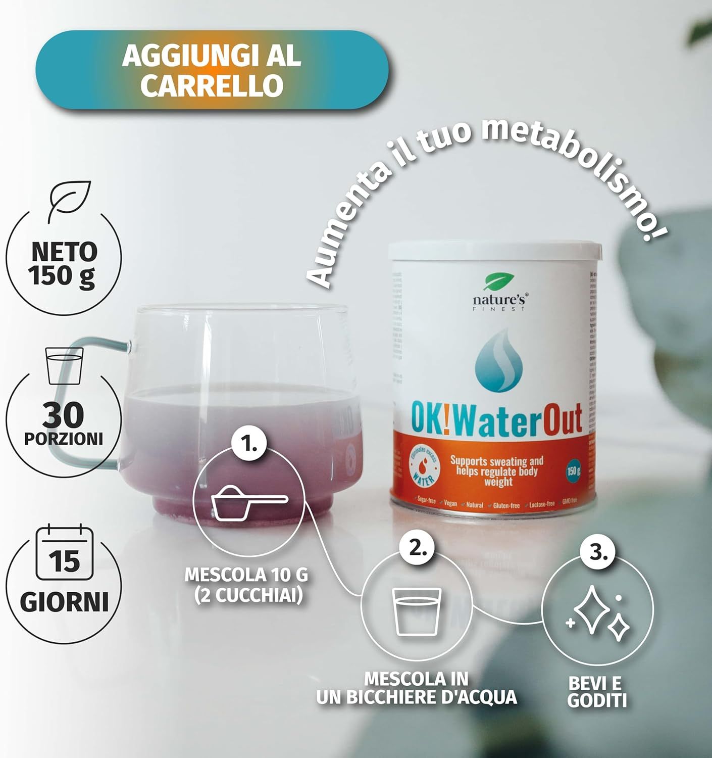 Glas mit rosa Flüssigkeit, daneben eine Dose OK!WaterOut. Grafiken mit Informationen.
