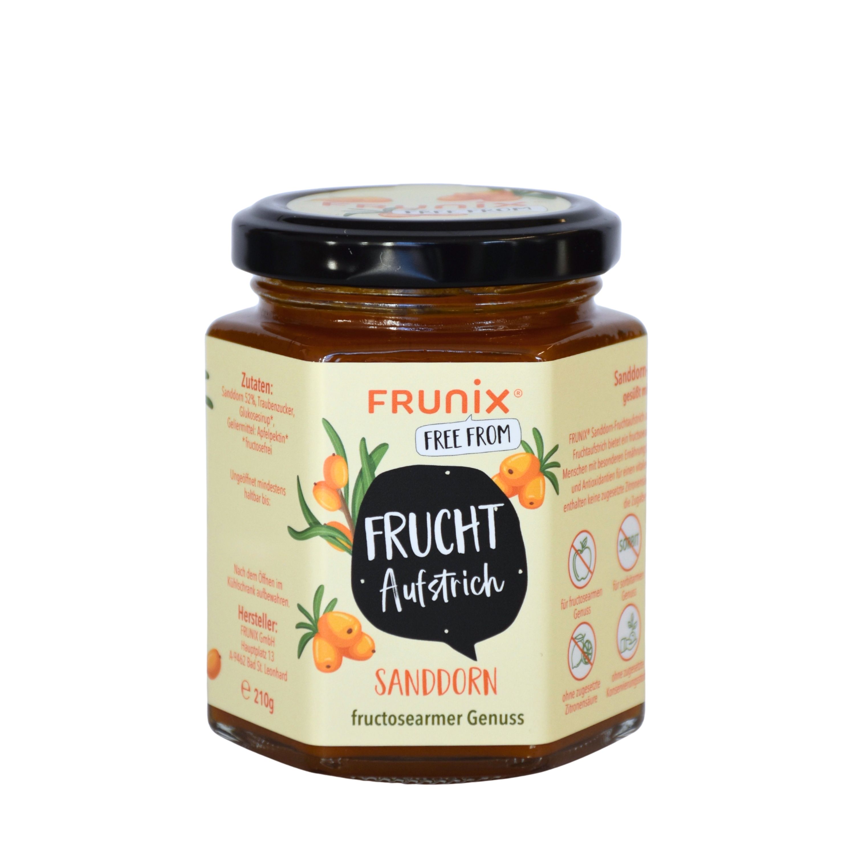 Glas mit Sanddorn-Fruchtaufstrich. Aufschrift: FRUNIX, Fruchtaufstrich, Sanddorn, free from. Etikett mit Symbolen.