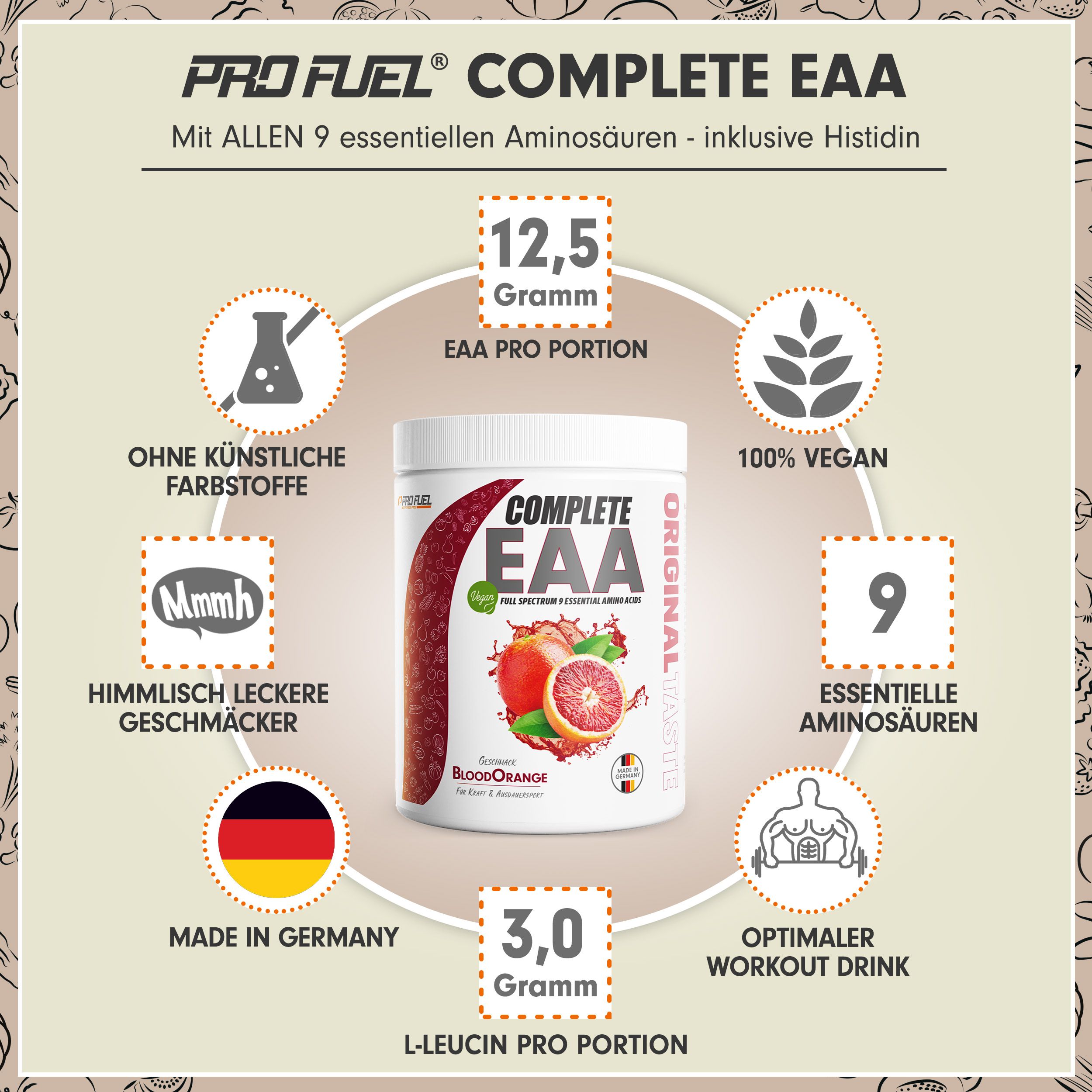 Weißes Produktglas mit rotem Inhalt. Aufschrift 'COMPLETE EAA' und 'BloodOrange'. Zusätzliche Informationen und Logos.