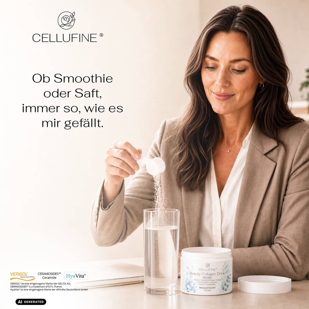 Frau gibt Pulver aus Messlöffel in ein Glas Wasser. Daneben steht eine Dose Cellufine Beauty Collagen Drink.