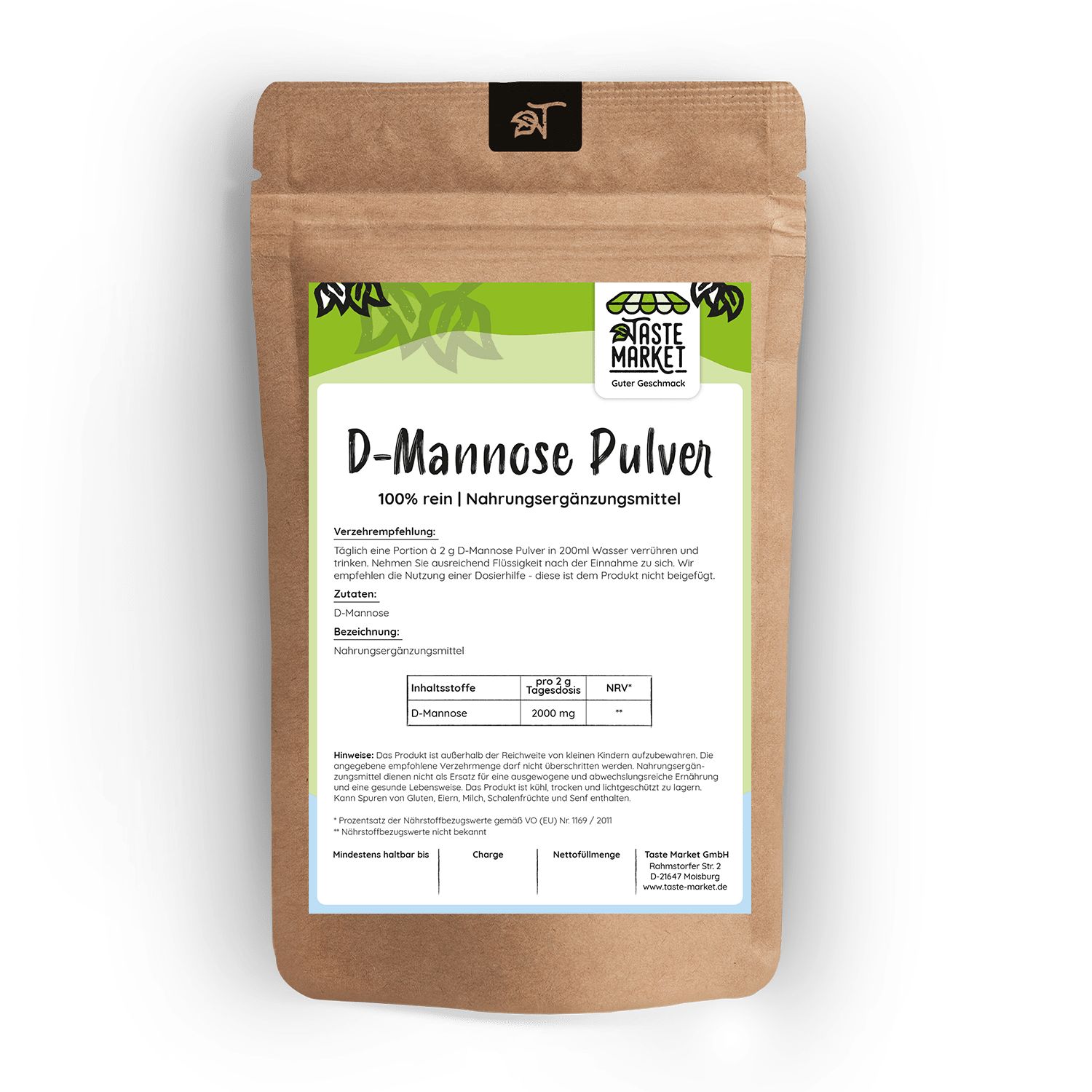 Beutel mit D-Mannose Pulver. Aufschrift: 100% rein, Nahrungsergänzungsmittel. Etikett mit Inhaltsstoffangaben. Marke: Taste Market.