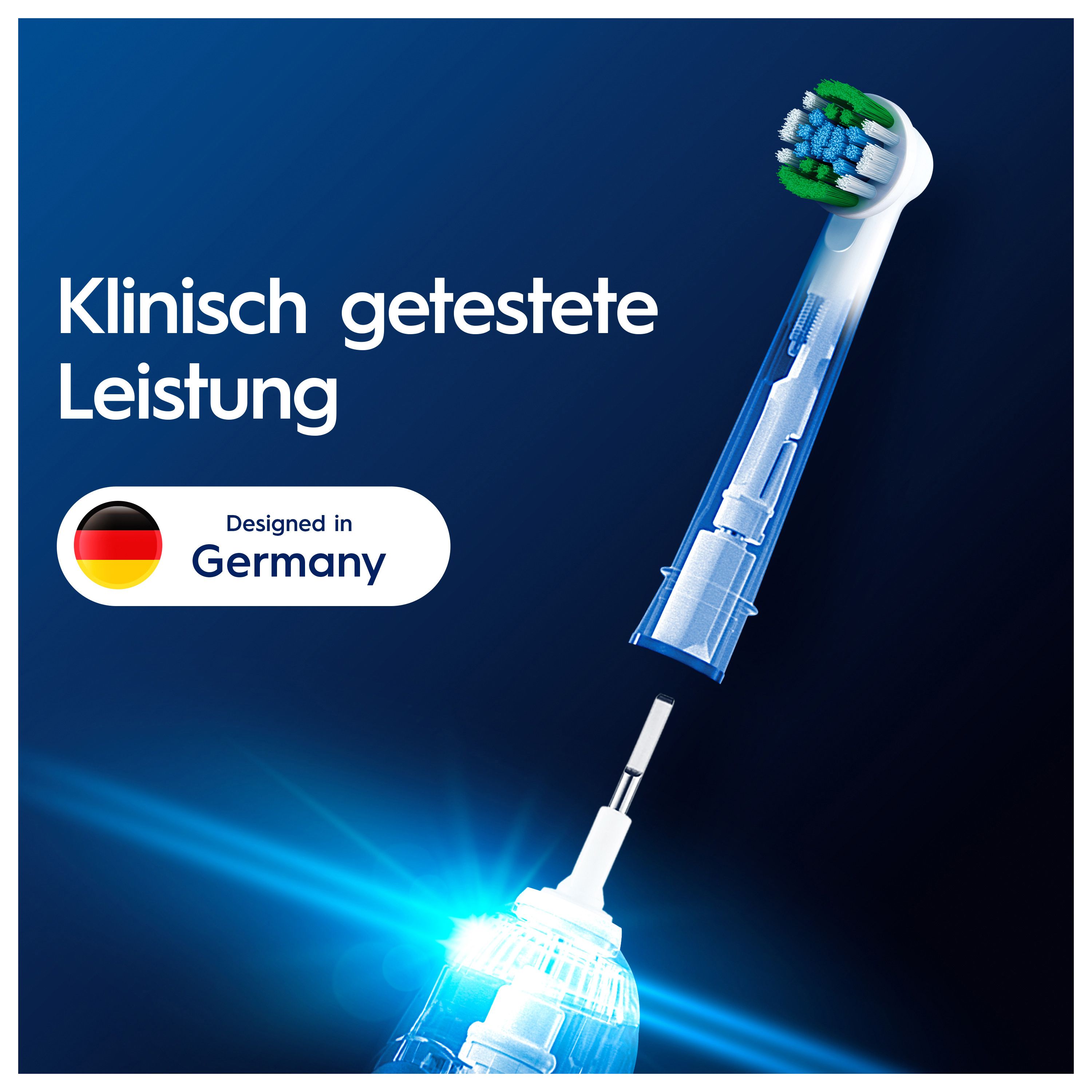 Zahnbürste, zerlegt. Text: Klinisch getestete Leistung. Designed in Germany.