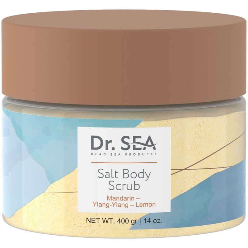 Potje bodyscrub. Opschrift: Dr. SEA, Salt Body Scrub, Mandarijn, Ylang-Ylang, Citroen. Bruin deksel, transparante pot.