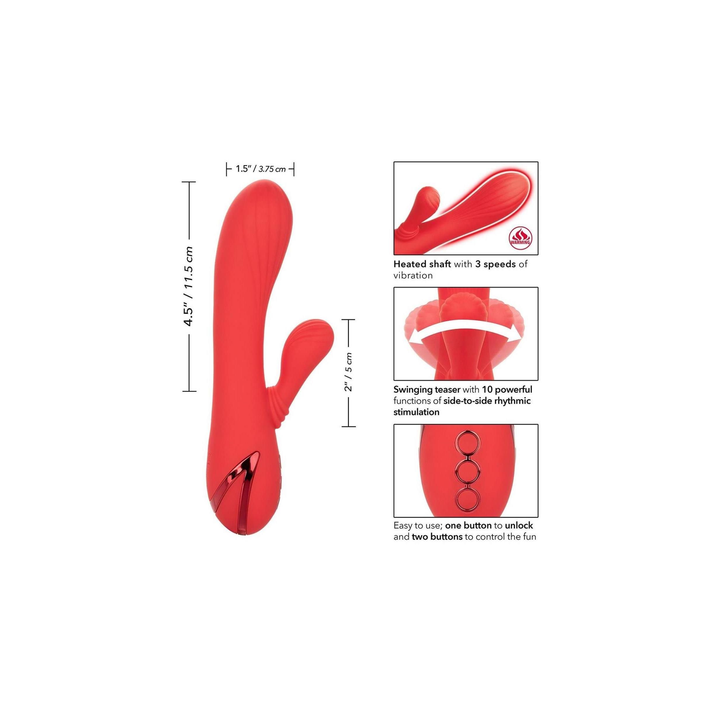 Roter Vibrator mit Maßen. 4,5"/11,5 cm hoch, 2"/5 cm breit. Diagramme mit Funktionen.