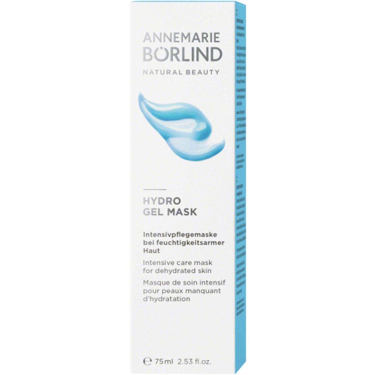 Hellblaue Tube und Verpackung. Aufschrift: ANNEMARIE BÖRLIND, HYDRO GEL MASK. Text in Deutsch, Englisch und Französisch.