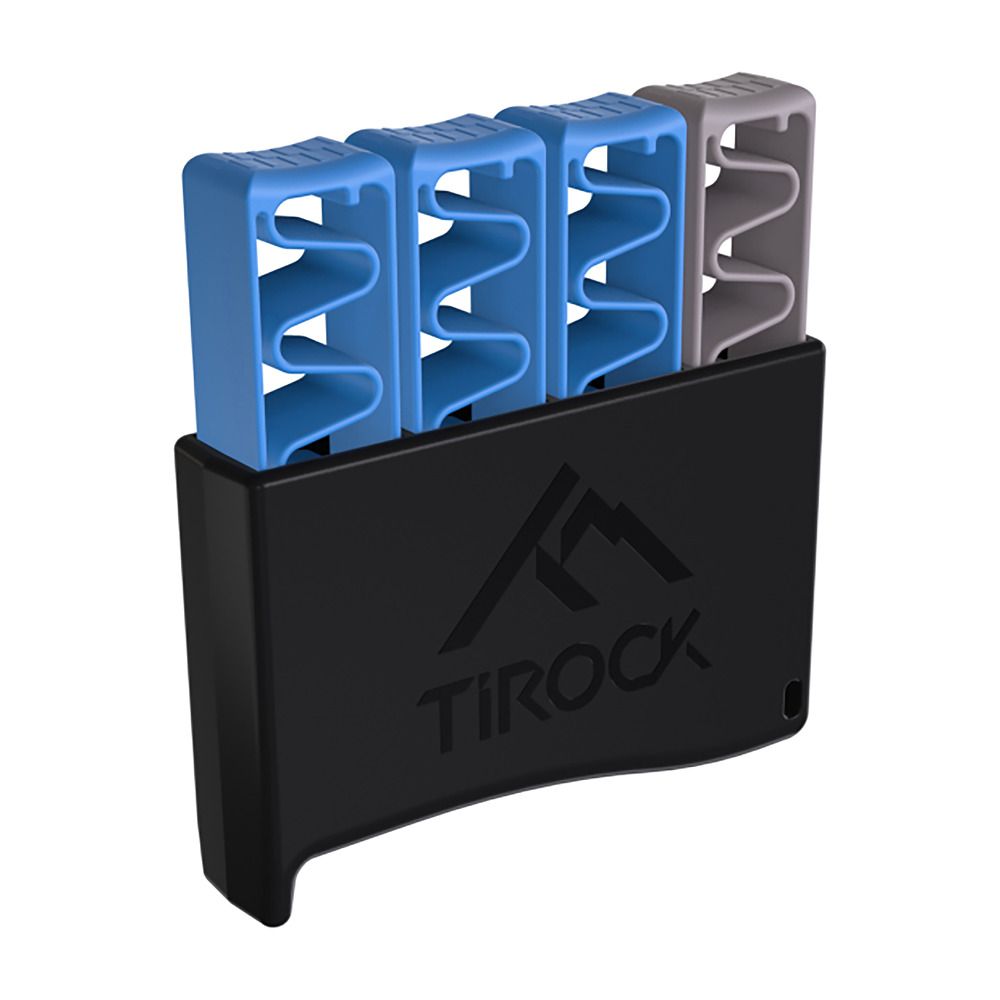 Schwarzes Gerät mit blau und grau gewellten Elementen. Logo: TiRock.