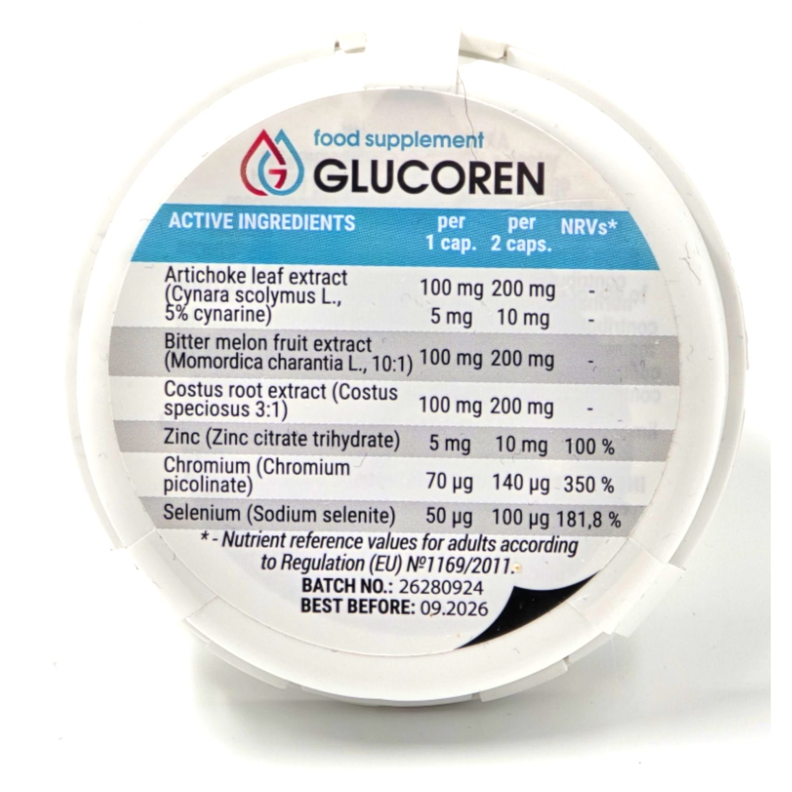 Tablettenbehälter. Aufschrift: Glucoren, Nahrungsergänzungsmittel. Enthält Inhaltsstoffe und Nährwertangaben pro Kapsel.