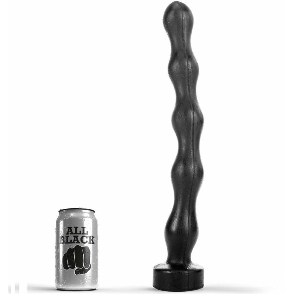 Schwarzer Dildo mit wellenförmigem Design. Neben einer Dose mit 'ALL BLACK' Aufschrift. Auf weißem Hintergrund.