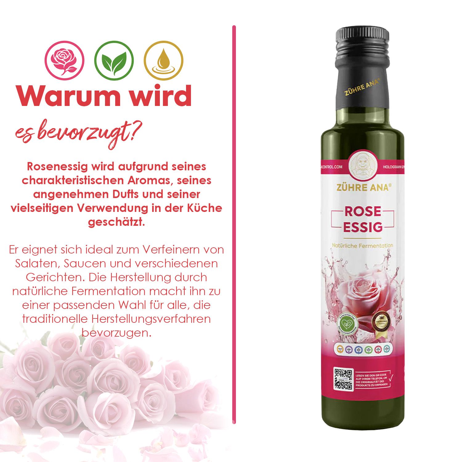 Flasche Rosenessig mit Rosen und Text über Vorteile und Herstellung.