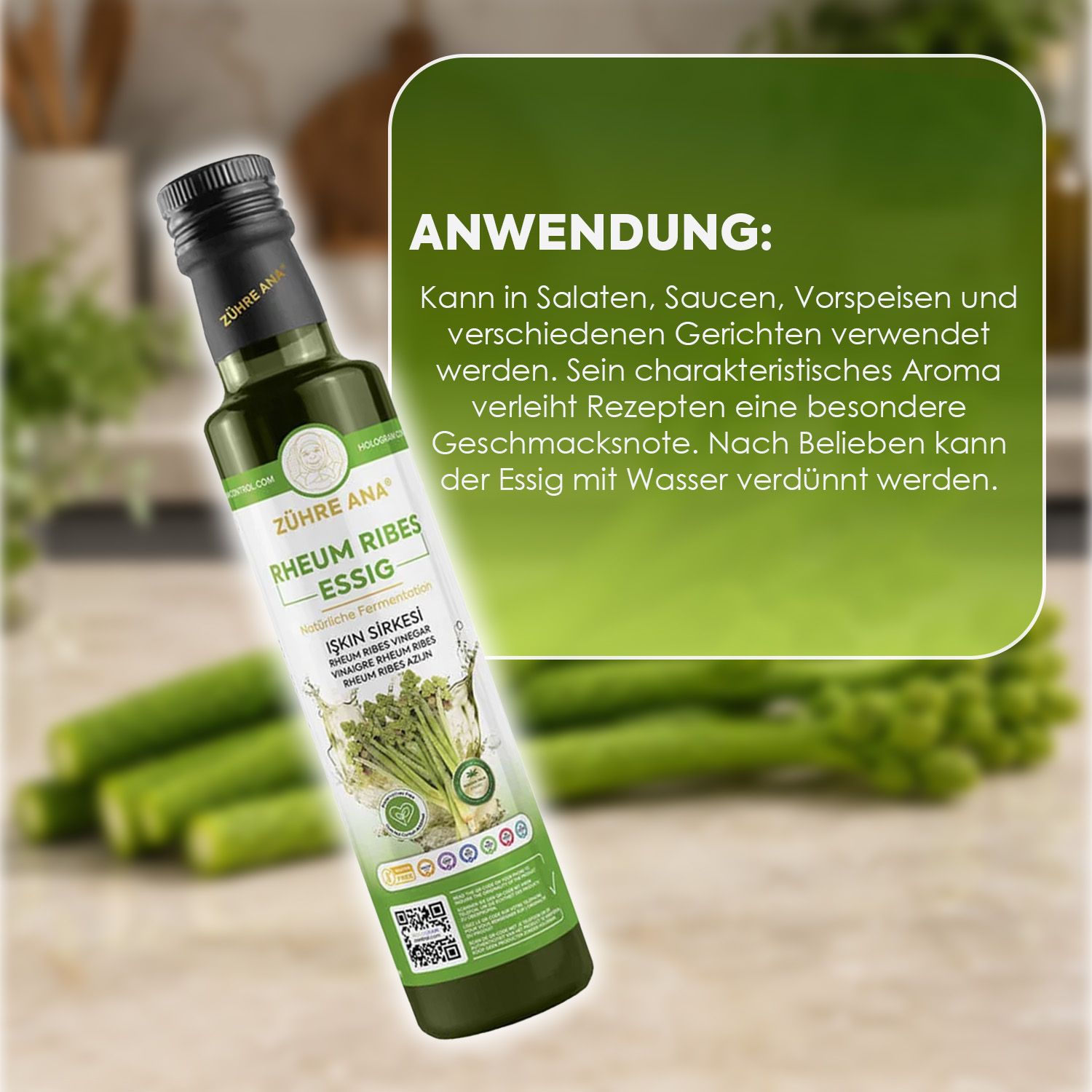 Flasche Zühre Ana Rheum Ribes Essig mit grüner Blase. Im Hintergrund grüner Spargel und Text "ANWENDUNG:".