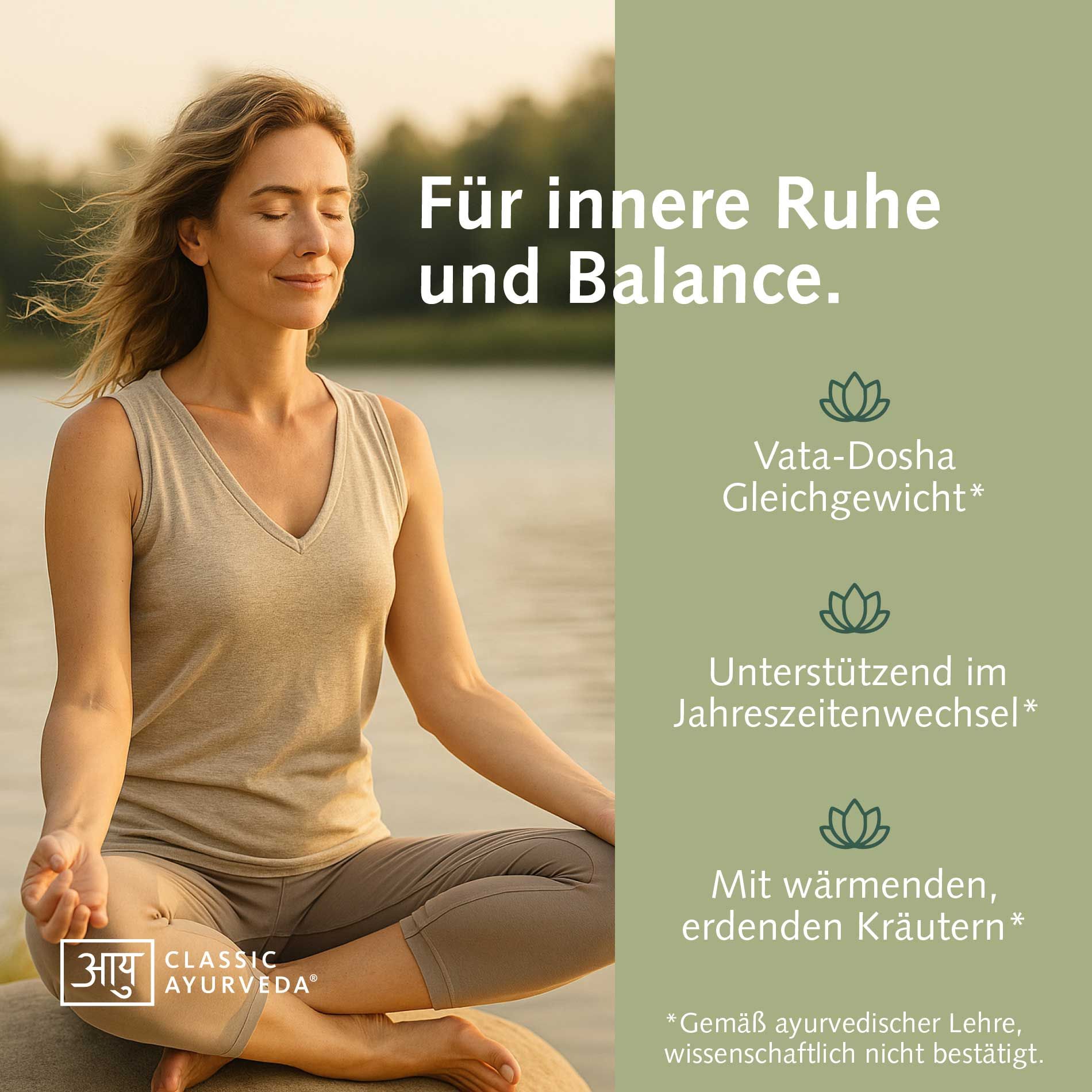 Frau in Meditationshaltung am Wasser, Text: Für innere Ruhe und Balance.