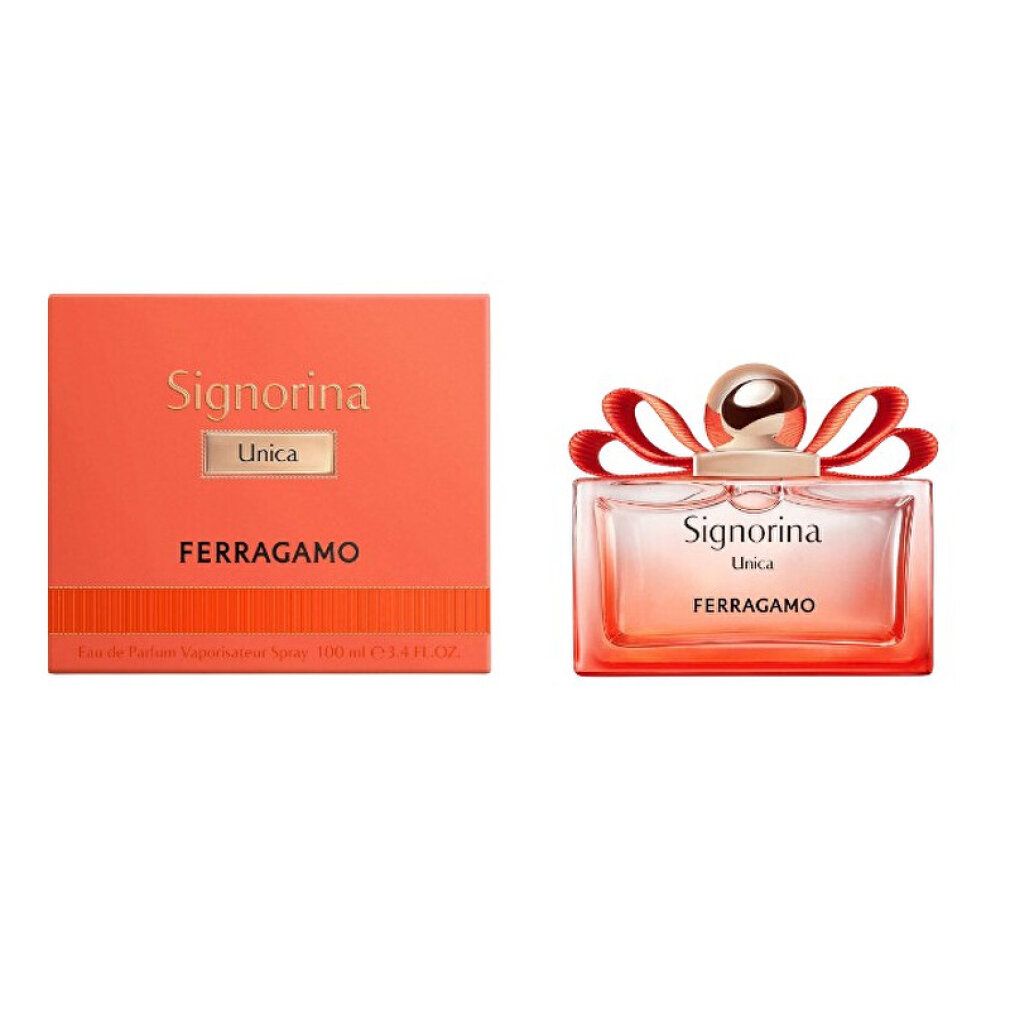 Salvatore Ferragamo Signorina Unica Eau de Parfum 100ml Set mit Flakon und orangefarbener Verpackung.