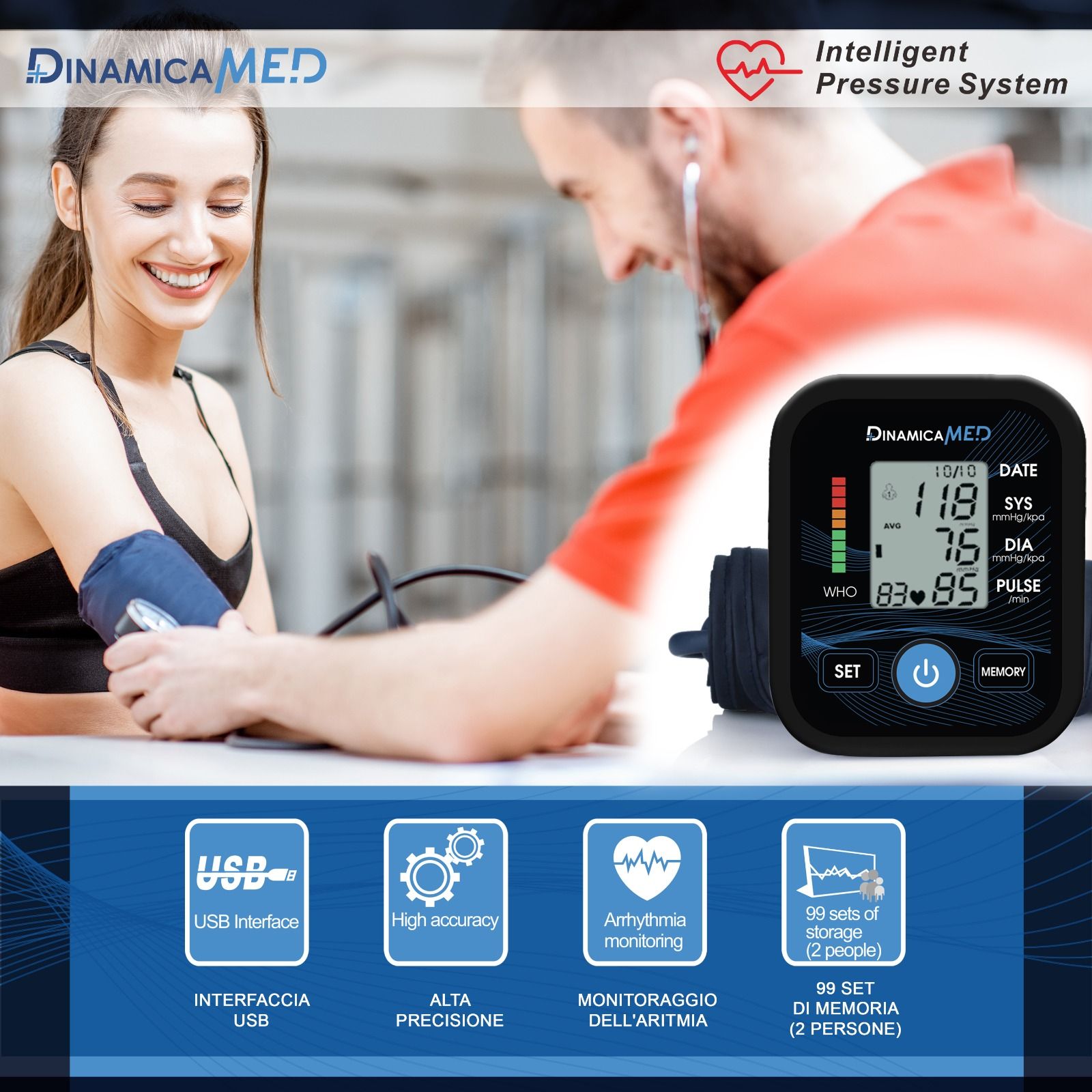 DinamicaMed Blutdruckmessgerät mit USB-Schnittstelle, hoher Genauigkeit und Arrhythmie-Überwachung. Speichert 99 Messwerte für 2 Personen.