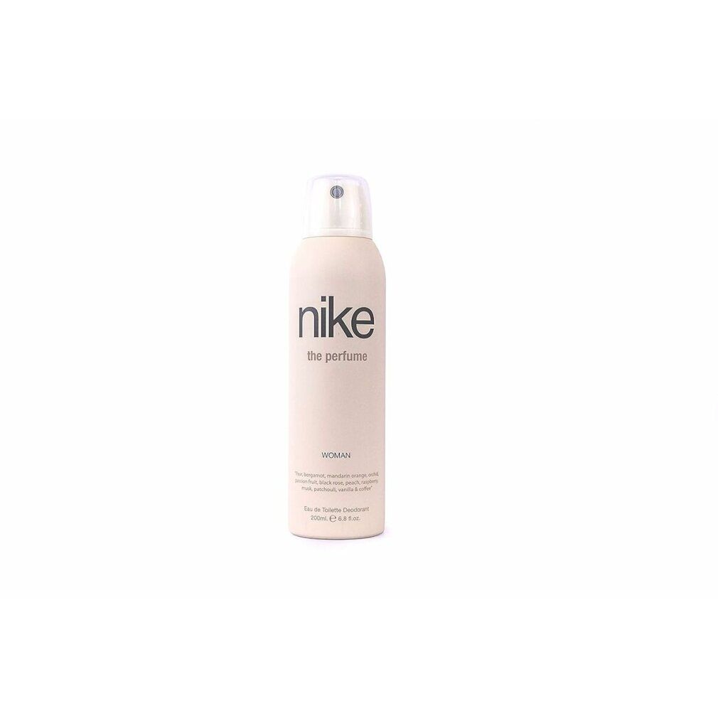 Rosa Deodorant-Spraydose. Schwarzer Schriftzug: nike the perfume woman. Text darunter: Duftnoten. Unten: Eau de Toilette Deodorant.