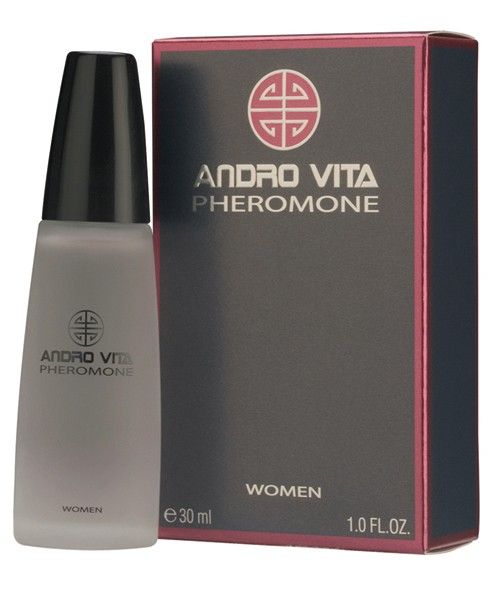 Flakon und Schachtel. Aufschrift: Andro Vita Pheromone, Women. Flakon mit schwarzem Deckel, grauer Flasche. Schachtel: schwarz, rot umrandet.