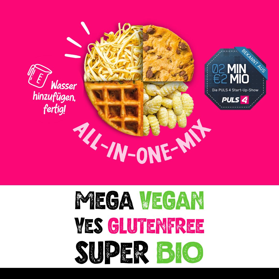 Rosa Hintergrund mit Abbildungen von Speisen. Text: ALL-IN-ONE-MIX, MEGA VEGAN, YES GLUTENFREE, SUPER BIO. Logo.