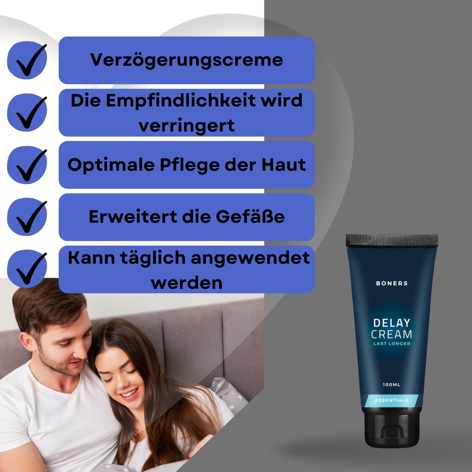 Dunkelblaue Tube mit schwarzem Deckel. Text: BONERS, Delay Cream, 100ml. Text auf blauem Hintergrund. Paar im Hintergrund.