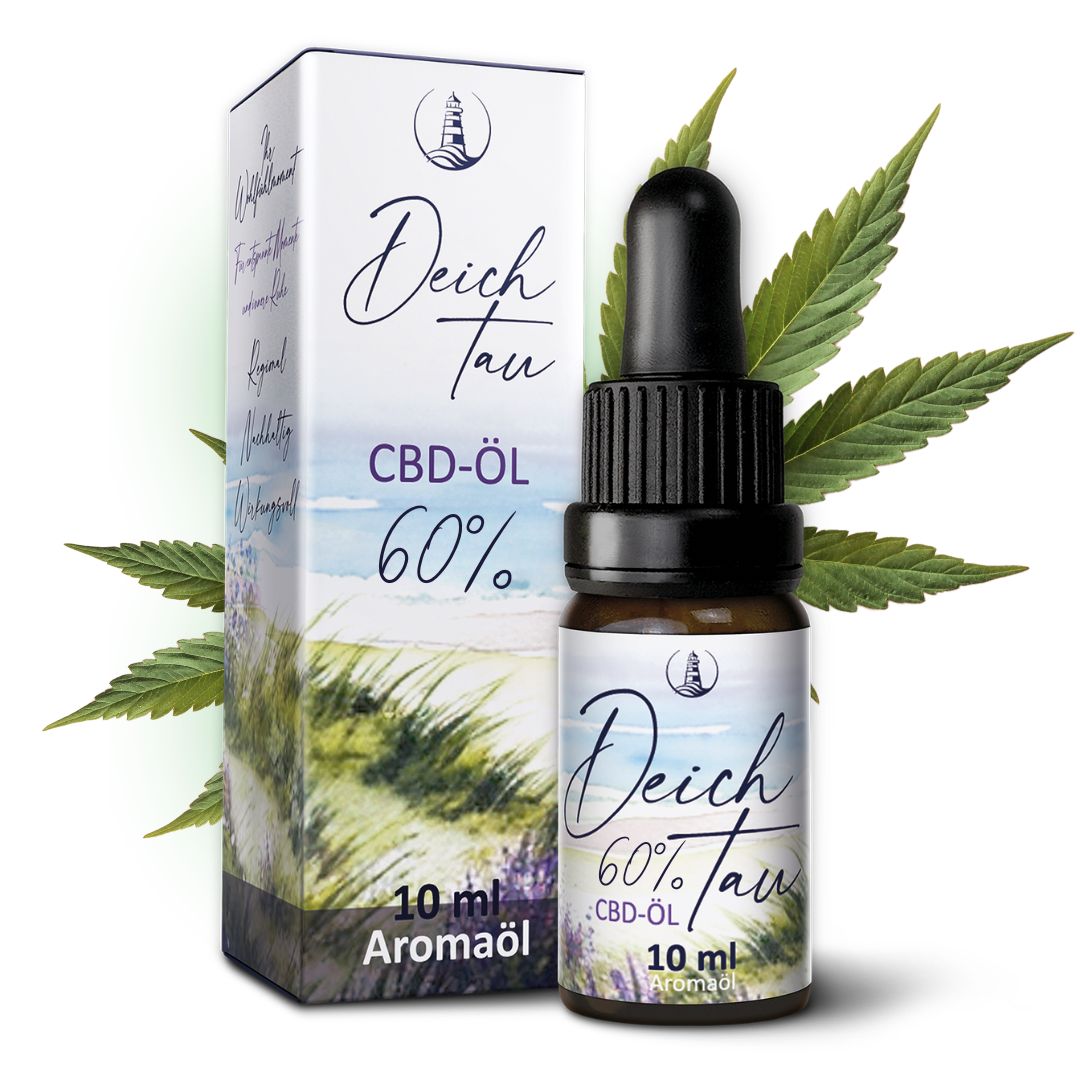 Deichtau CBD Öl 60% Flasche und Karton mit Hanfblättern.