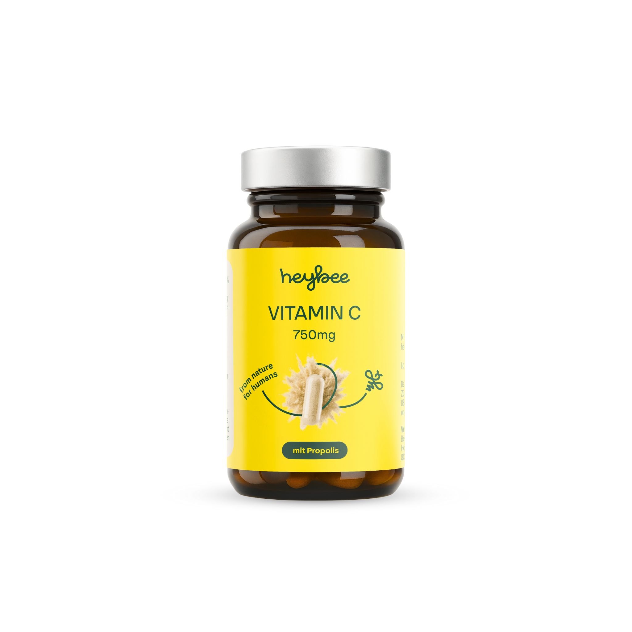 Braune Glasflasche mit gelbem Etikett: Heybee Vitamin C 750mg. Text: Mit Propolis. Kapseln.