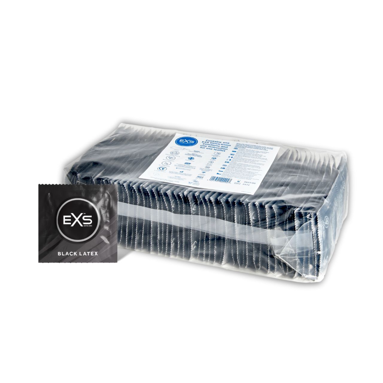 Großpackung schwarzer EXS Kondome.