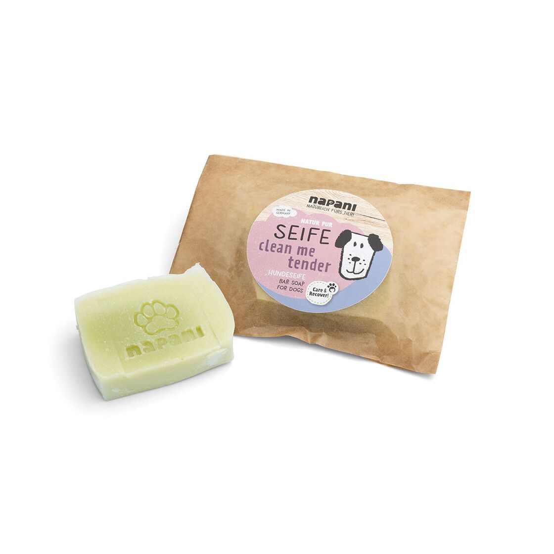 Hunde Seife "clean me tender" mit Pfotenabdruck. Verpackt in braunem Papier. Aufkleber mit Hund und Schriftzug.