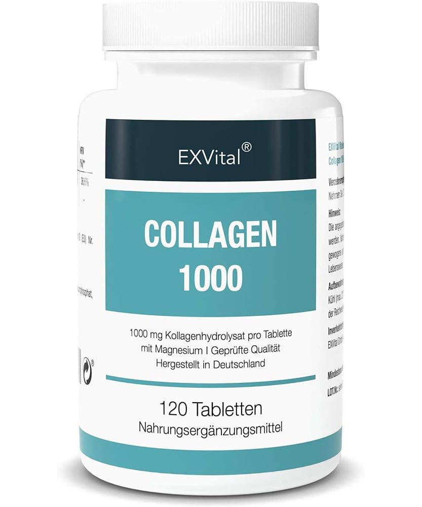 Weiße Flasche mit blauem Etikett. Aufschrift: COLLAGEN 1000, 120 Tabletten. Marke: EXVital®. Nahrungsergänzungsmittel.