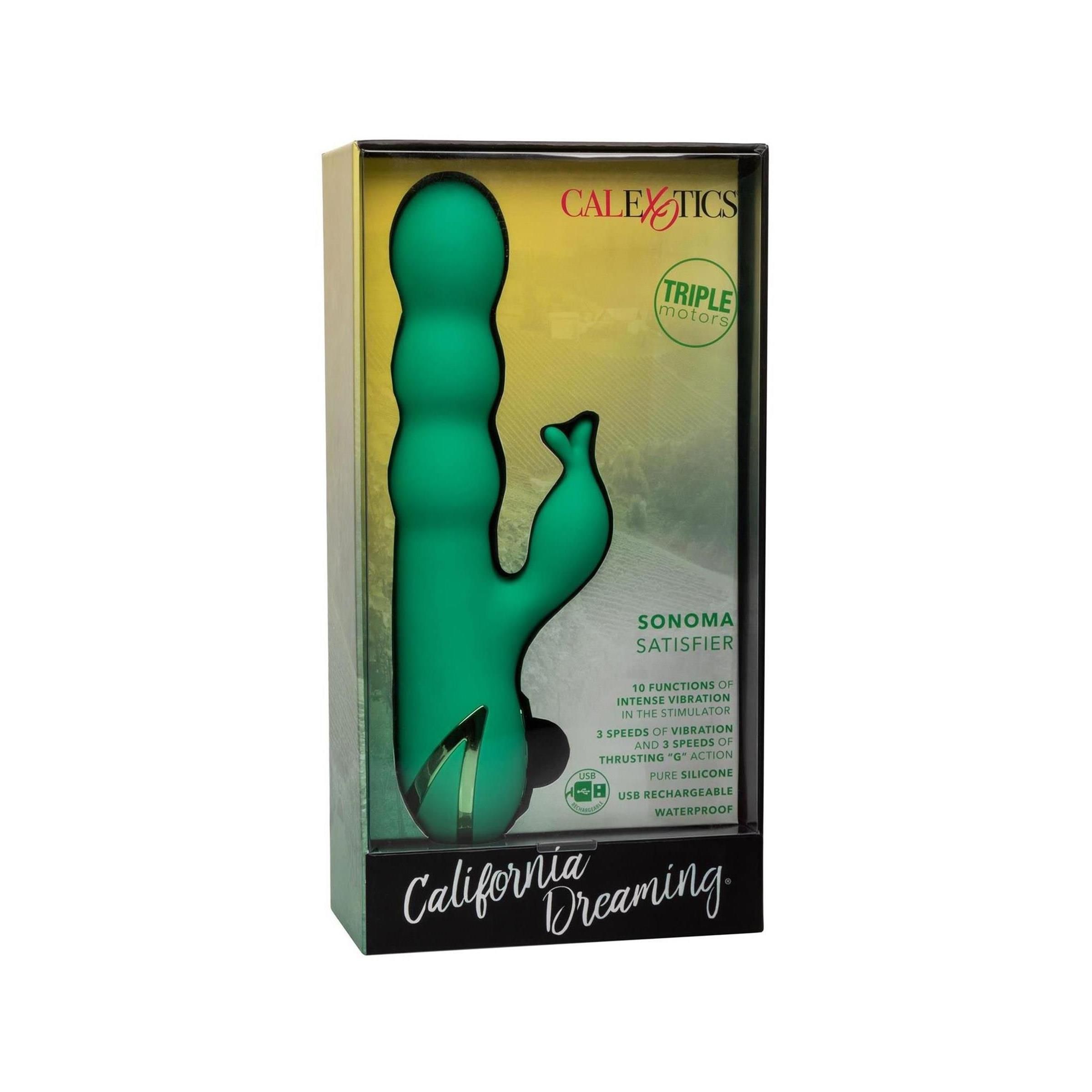 Verpackung mit grünem Wellness-Produkt. Marke CalExotics. Sonoma Satisfier. Schwarzer Hintergrund.