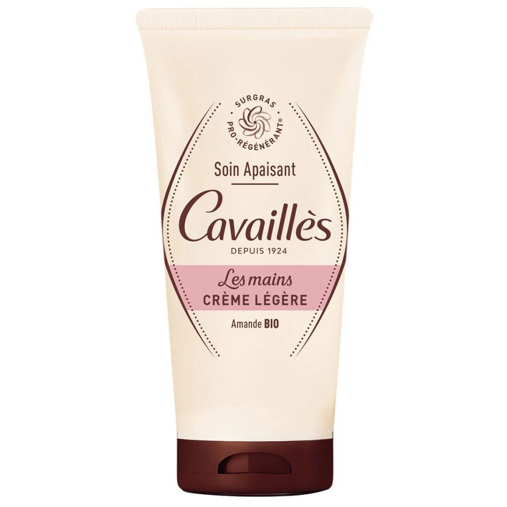 Creme-Tube, weiß-beige. Aufschrift: Cavaillès, Les mains Crème Légère, Amande Bio. Logo: Sürgras Pro-Régénérant.