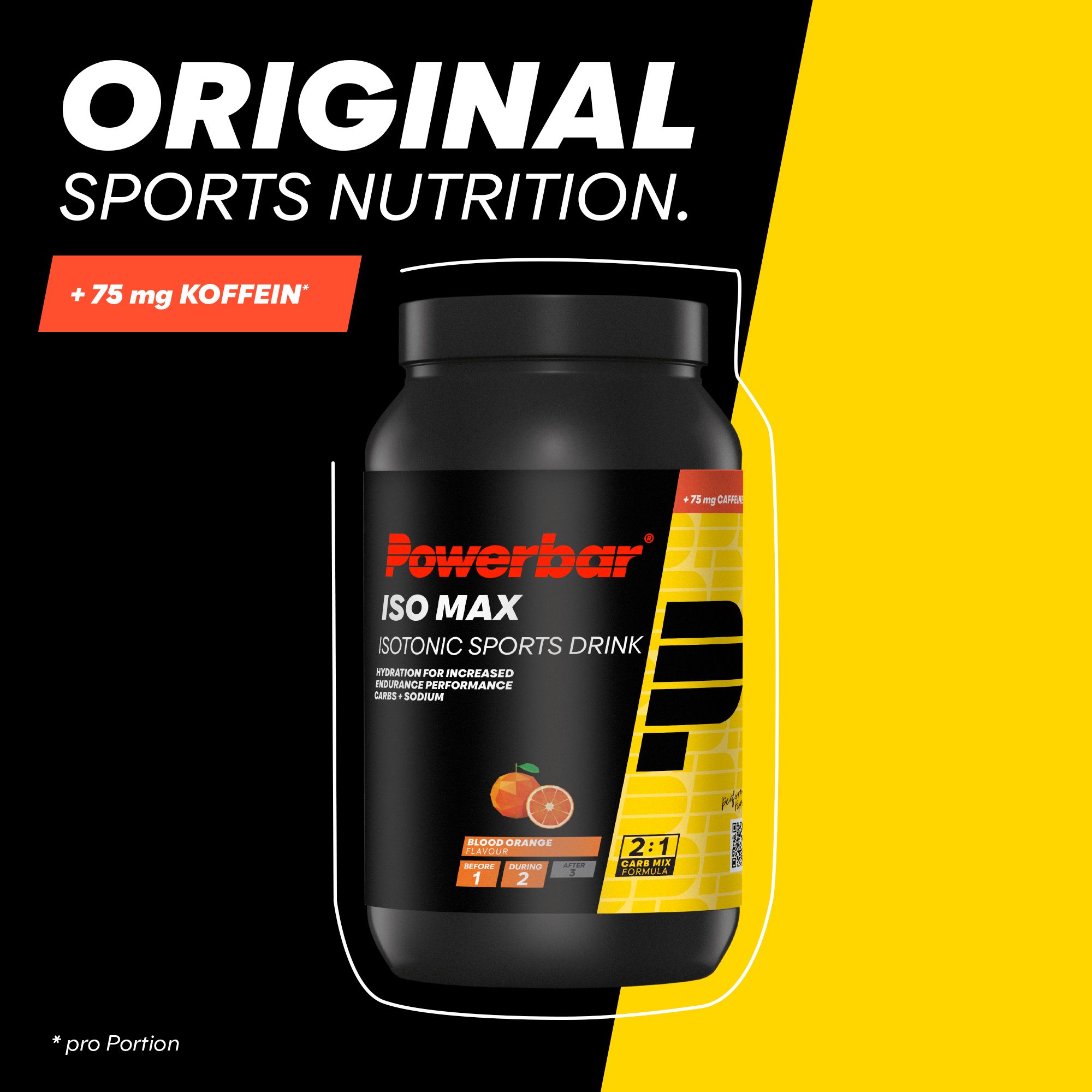 Schwarze Dose mit Powerbar-Logo und Schriftzug ISO MAX. Orangefarbene Abbildung. Enthält 75 mg Koffein.