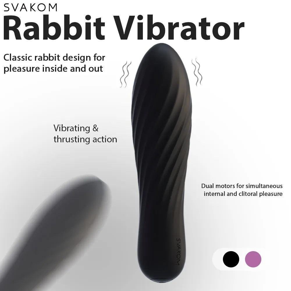 Werbebild mit einem schwarzen Vibrator. Text: SVAKOM Rabbit Vibrator.