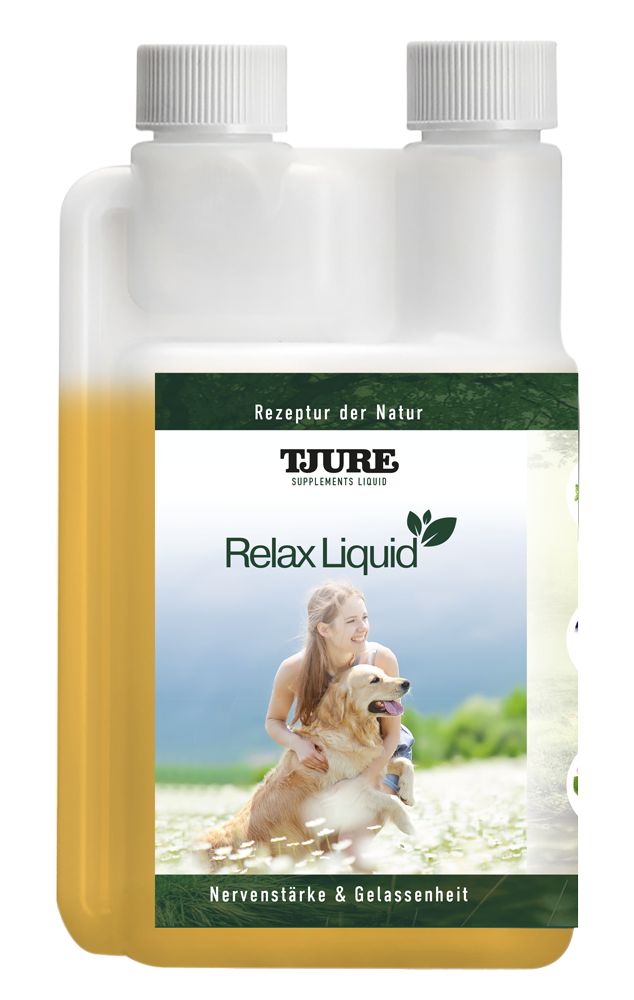 Weißliche Flasche mit gelber Flüssigkeit. Aufschrift: Tjure Relax Liquid. Abgebildet: Frau mit Hund.