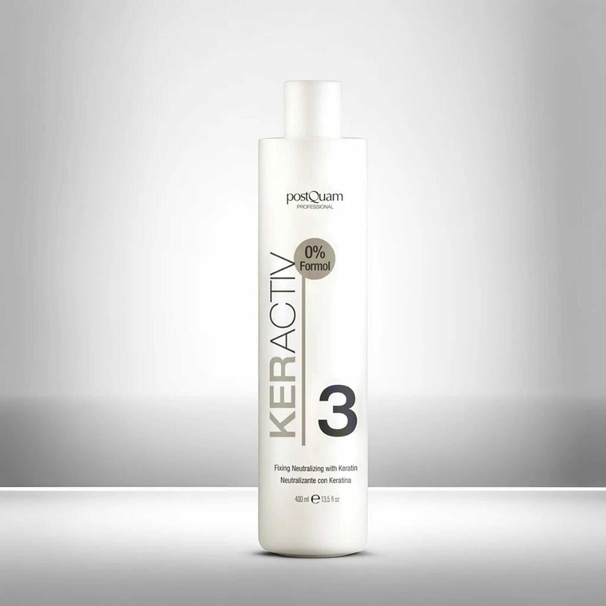 Weiße Flasche mit "Postquam Professional"-Logo und "Keractiv 3"-Aufdruck. Enthält 400 ml. Text: "Fixing Neutralizing with Keratin".