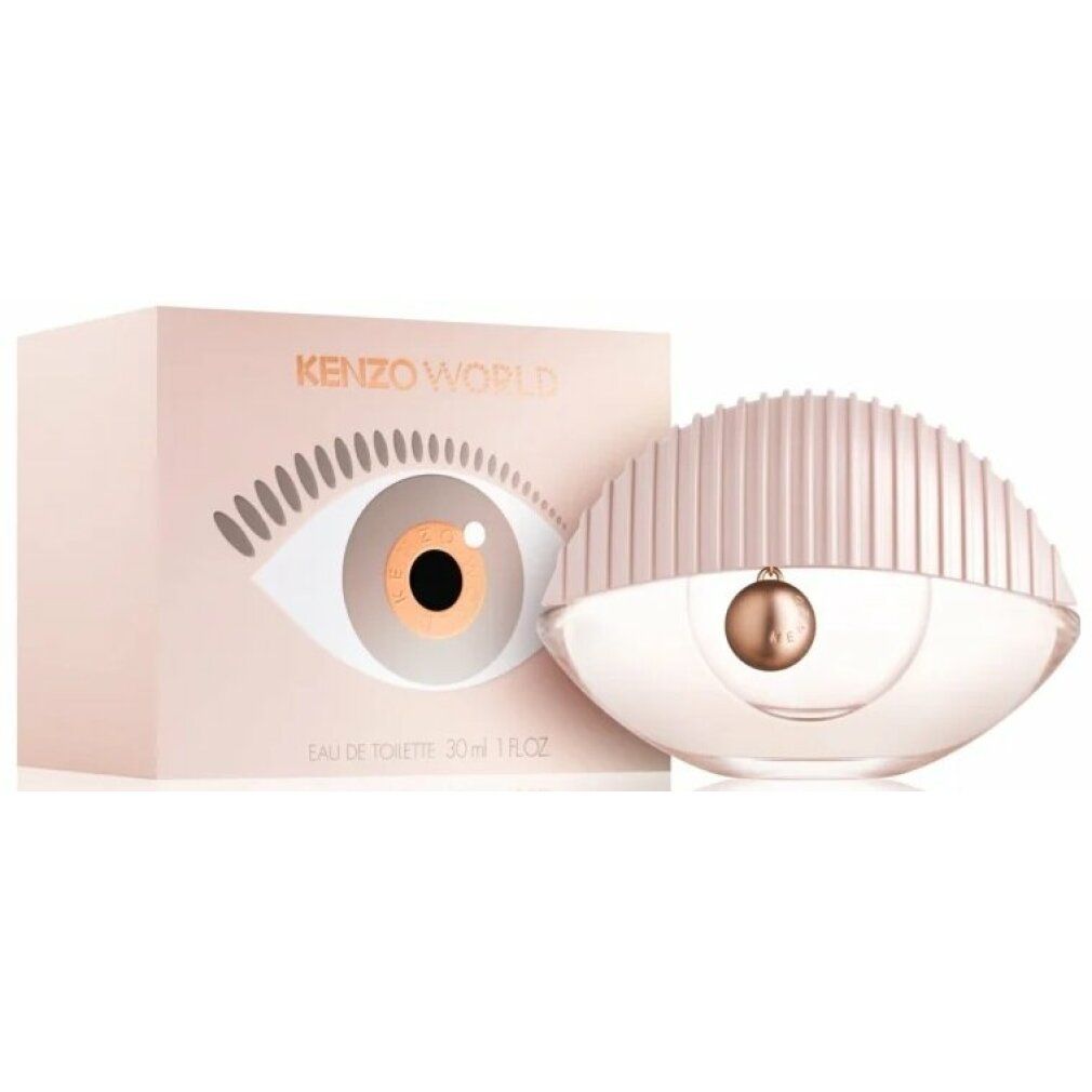 Kenzo World Eau de Toilette Flakon und Verpackung. Verpackung mit Augenmotiv. Flakon in Augenform mit geriffelter Kappe und Kugel.