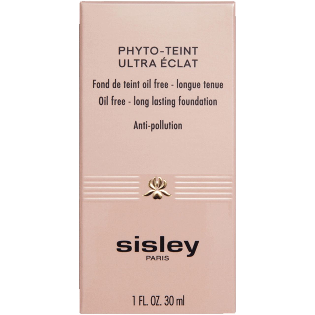 Verpackung Sisley Phyto-Teint Ultra Eclat. Rechteckige, rosafarbene Schachtel. Text: Phyto-Teint Ultra Eclat, oil free, long lasting foundation, Anti-pollution, Sisley Paris.